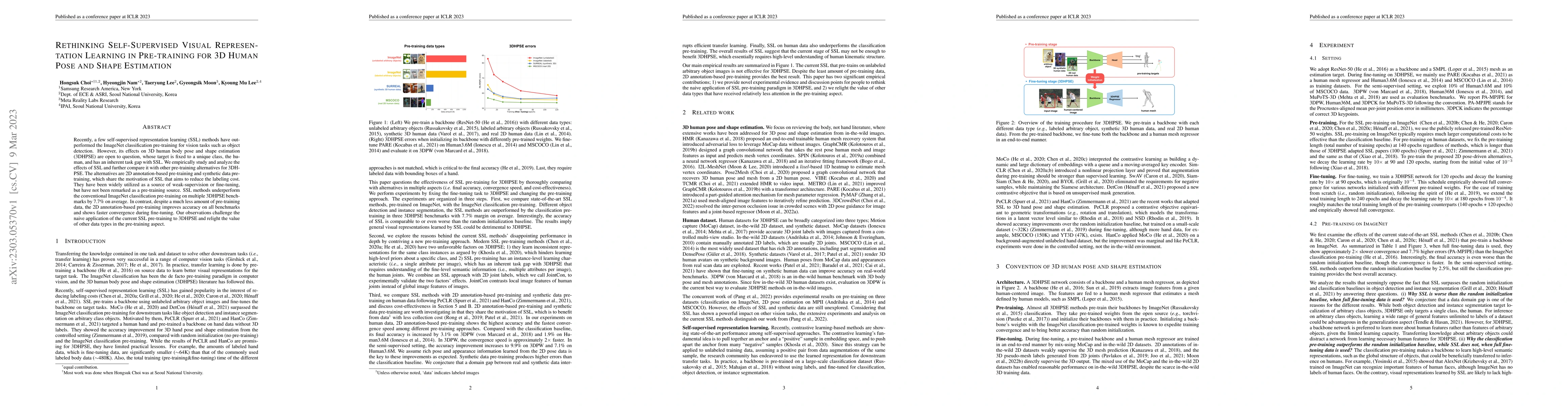 Thumbnail for Rethinking Self-Supervised Visual Representation Learning in
  Pre-training for 3D Human Pose and Shape Estimation
