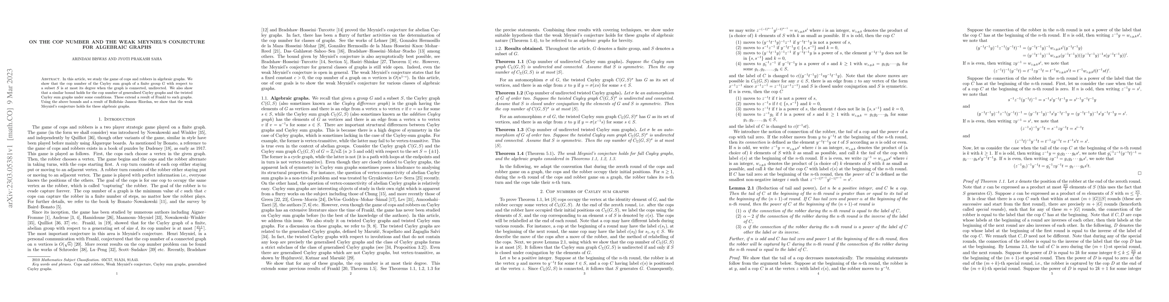 Thumbnail for On the cop number and the weak Meyniel's conjecture for algebraic graphs
