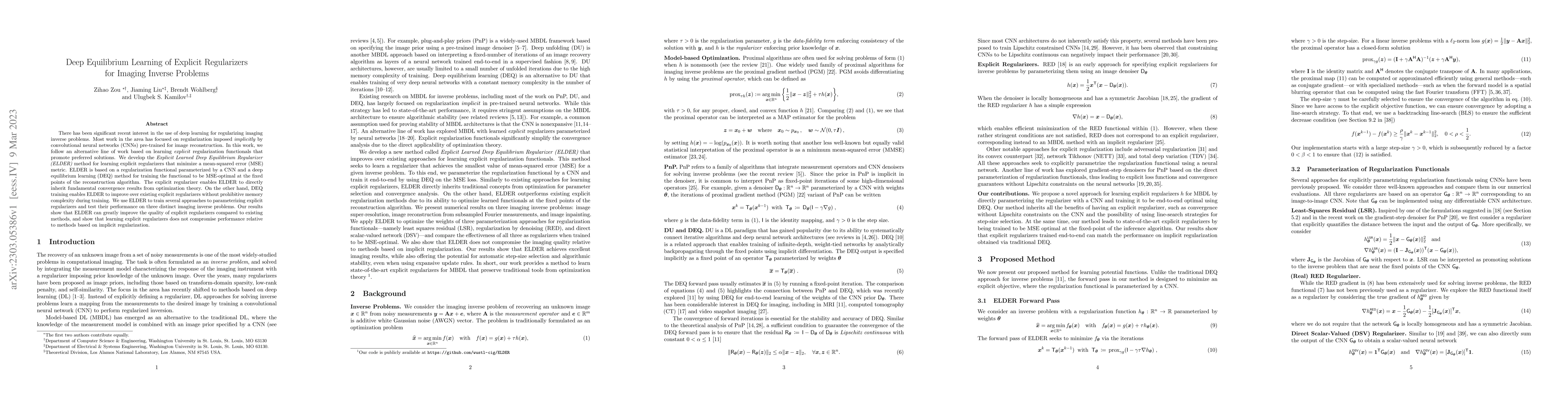 Thumbnail for Deep Equilibrium Learning of Explicit Regularizers for Imaging Inverse
  Problems