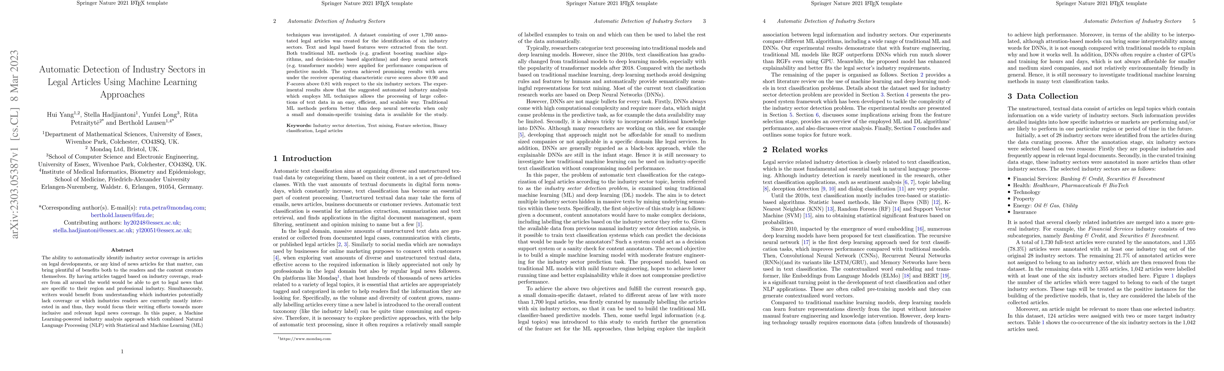 Thumbnail for Automatic Detection of Industry Sectors in Legal Articles Using Machine
  Learning Approaches