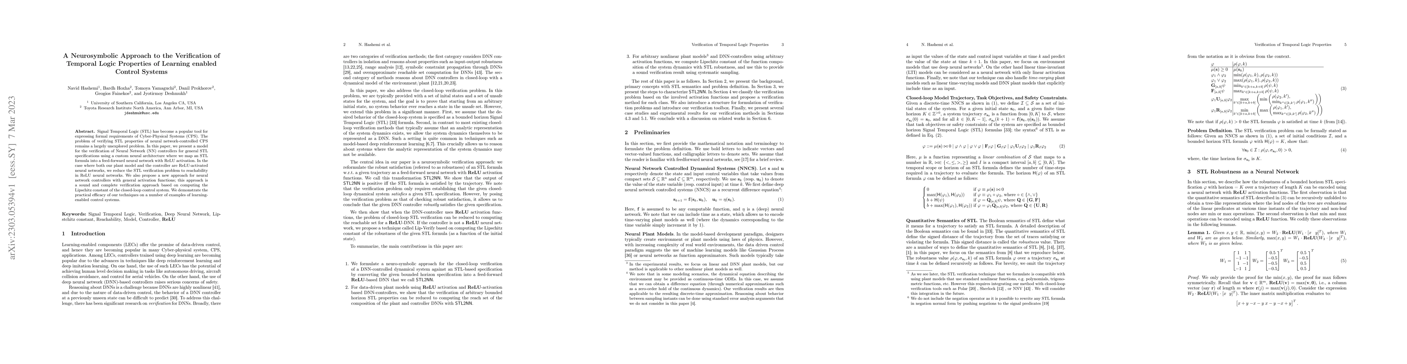 Thumbnail for A Neurosymbolic Approach to the Verification of Temporal Logic
  Properties of Learning enabled Control Systems