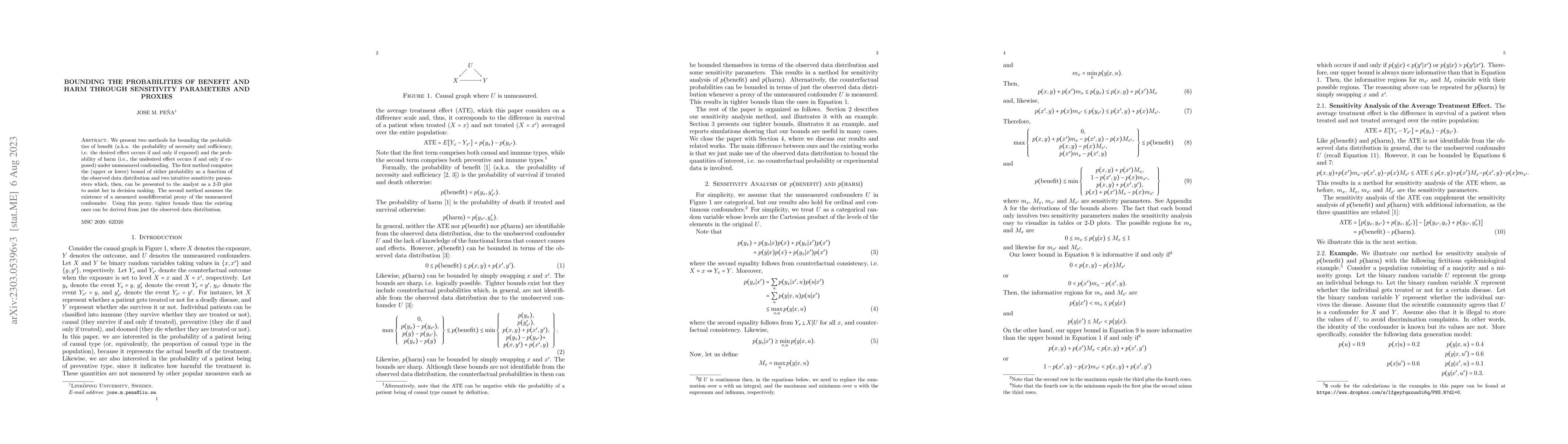 Thumbnail for Bounding the Probabilities of Benefit and Harm Through Sensitivity
  Parameters and Proxies
