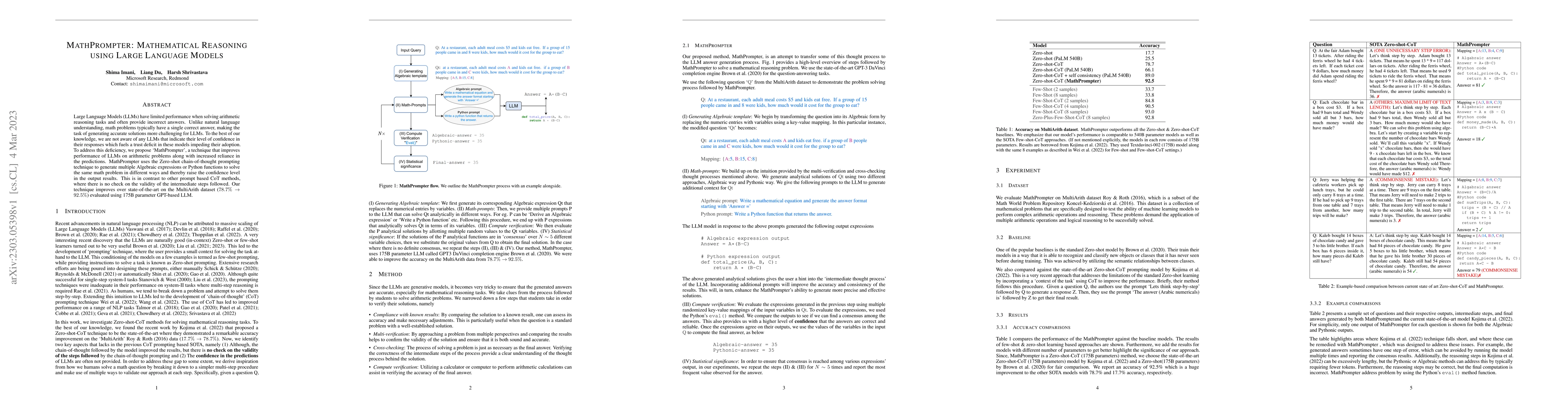 Thumbnail for MathPrompter: Mathematical Reasoning using Large Language Models
