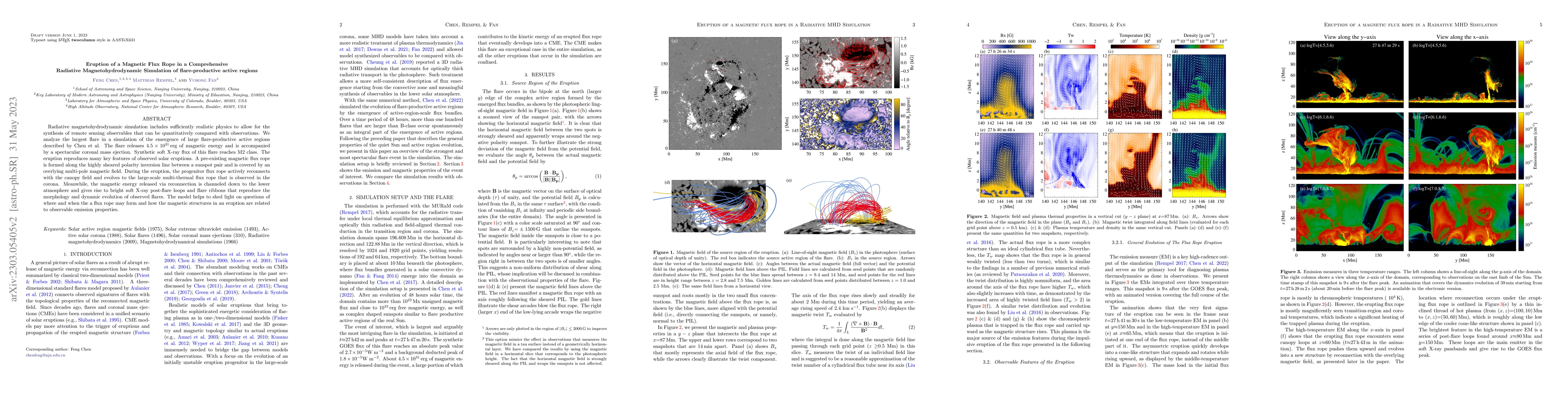 Thumbnail for Eruption of a Magnetic Flux Rope in a Comprehensive Radiative
  Magnetohydrodynamic Simulation of flare-productive active regions