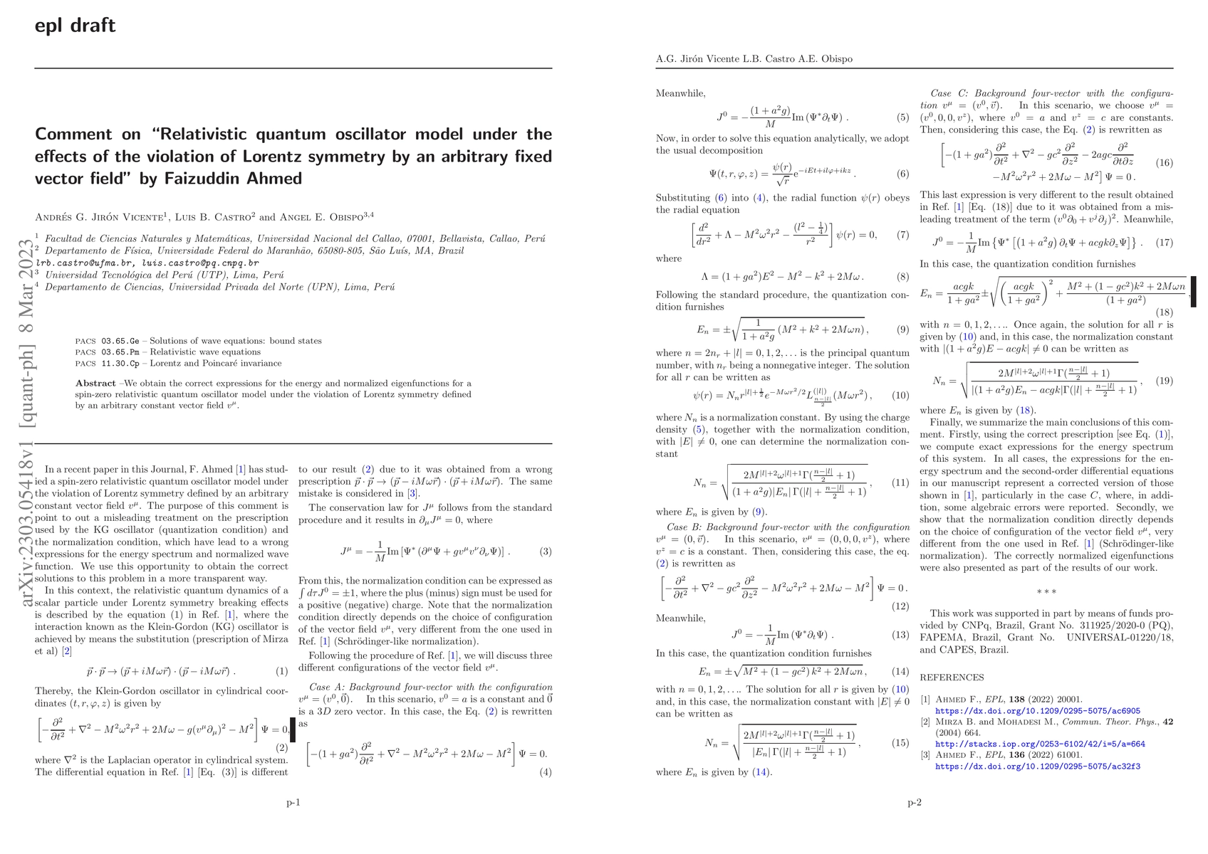 Thumbnail for Comment on "Relativistic quantum oscillator model under the effects of
  the violation of Lorentz symmetry by an arbitrary fixed vector field'' by
  Faizuddin Ahmed