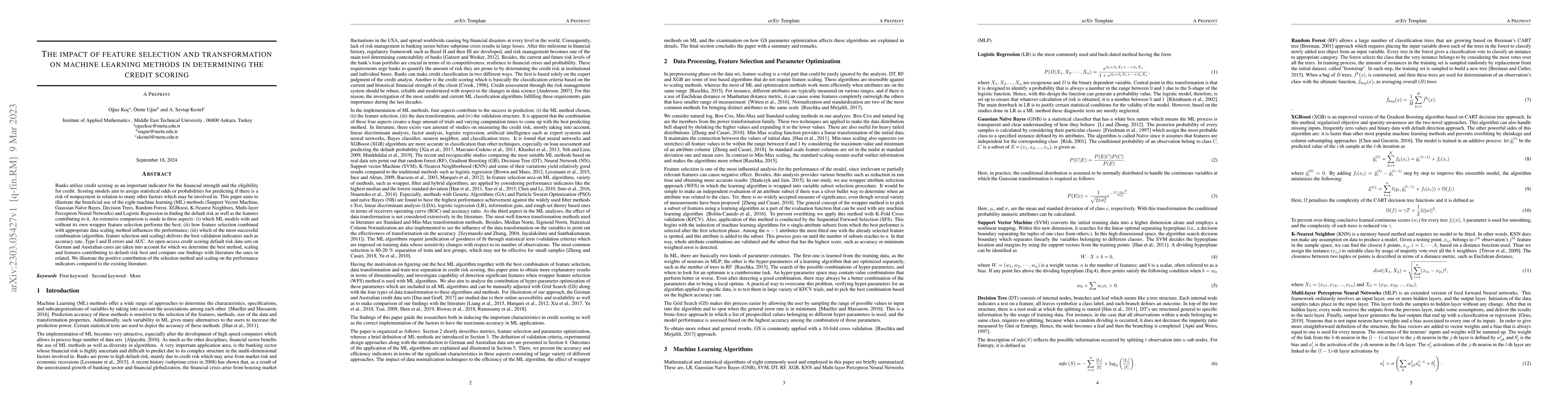 Thumbnail for The Impact of Feature Selection and Transformation on Machine Learning
  Methods in Determining the Credit Scoring