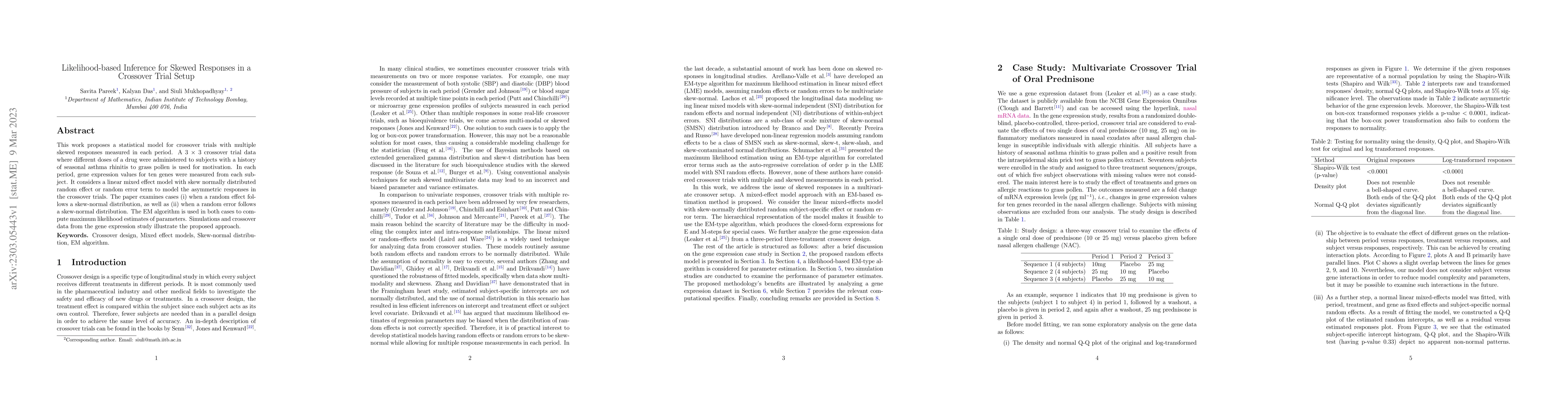 Thumbnail for Likelihood-based Inference for Skewed Responses in a Crossover Trial
  Setup