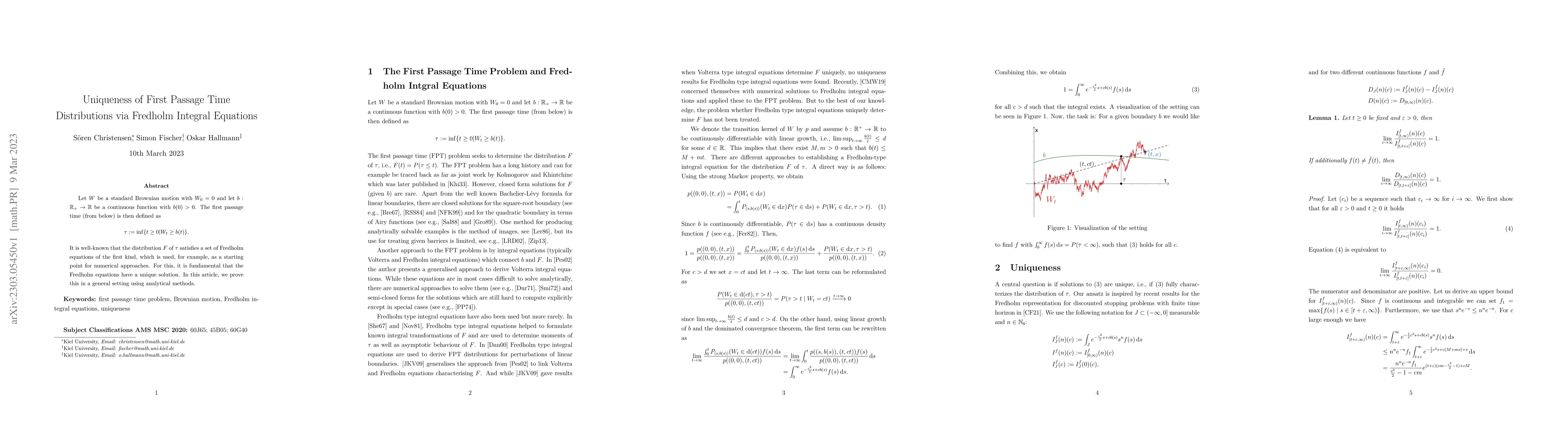 Thumbnail for Uniqueness of First Passage Time Distributions via Fredholm Integral
  Equations