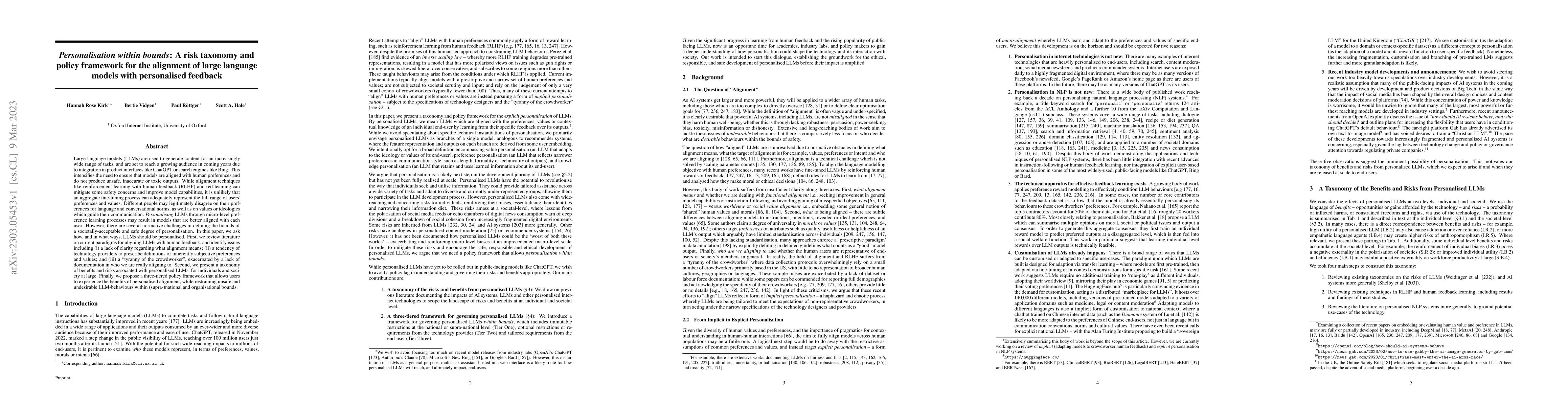 Thumbnail for Personalisation within bounds: A risk taxonomy and policy framework for
  the alignment of large language models with personalised feedback