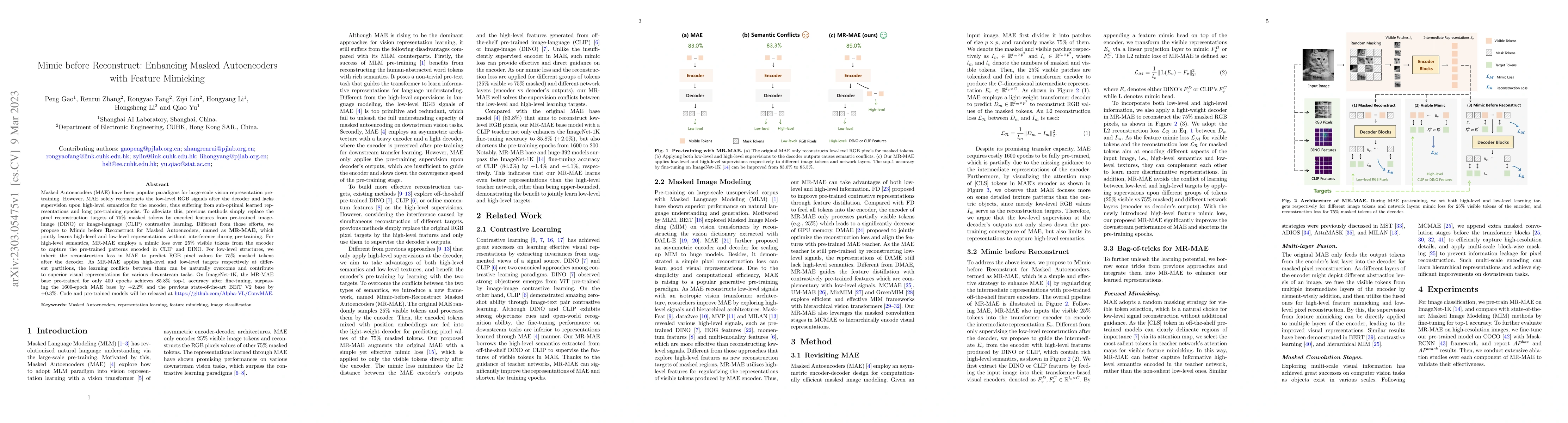 Thumbnail for Mimic before Reconstruct: Enhancing Masked Autoencoders with Feature
  Mimicking