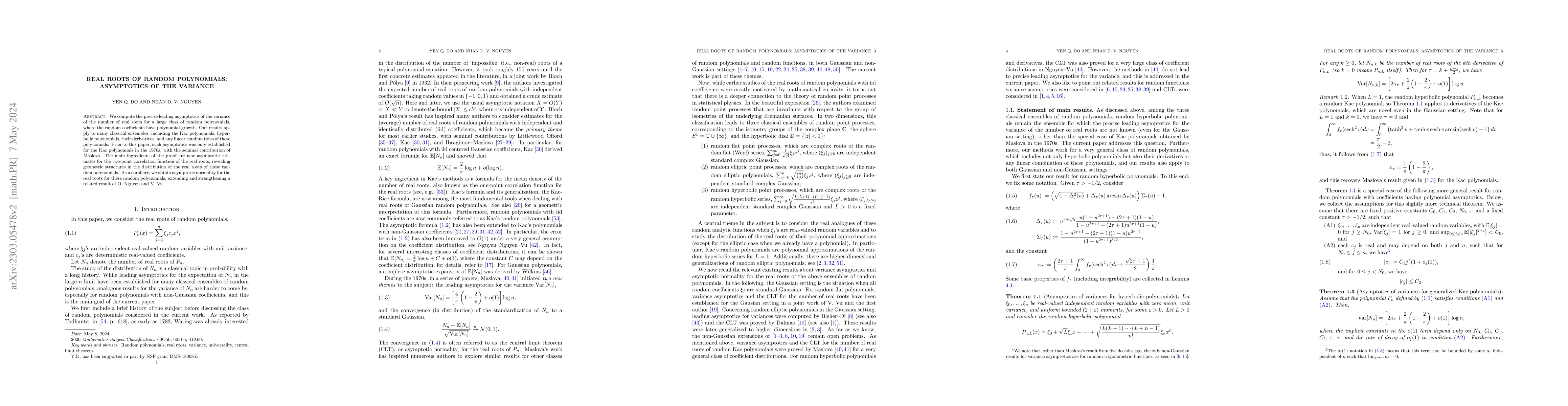 Thumbnail for Real roots of random polynomials: asymptotics of the variance