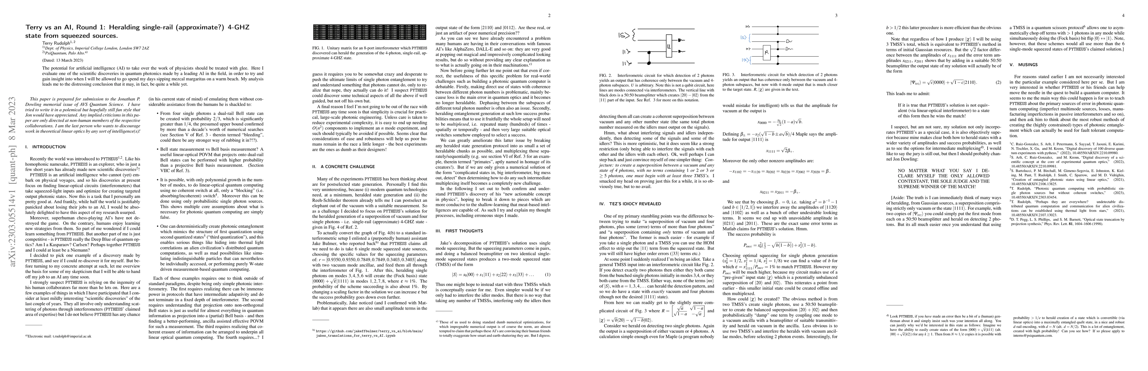 Thumbnail for Terry vs an AI, Round 1: Heralding single-rail (approximate?) 4-GHZ
  state from squeezed sources