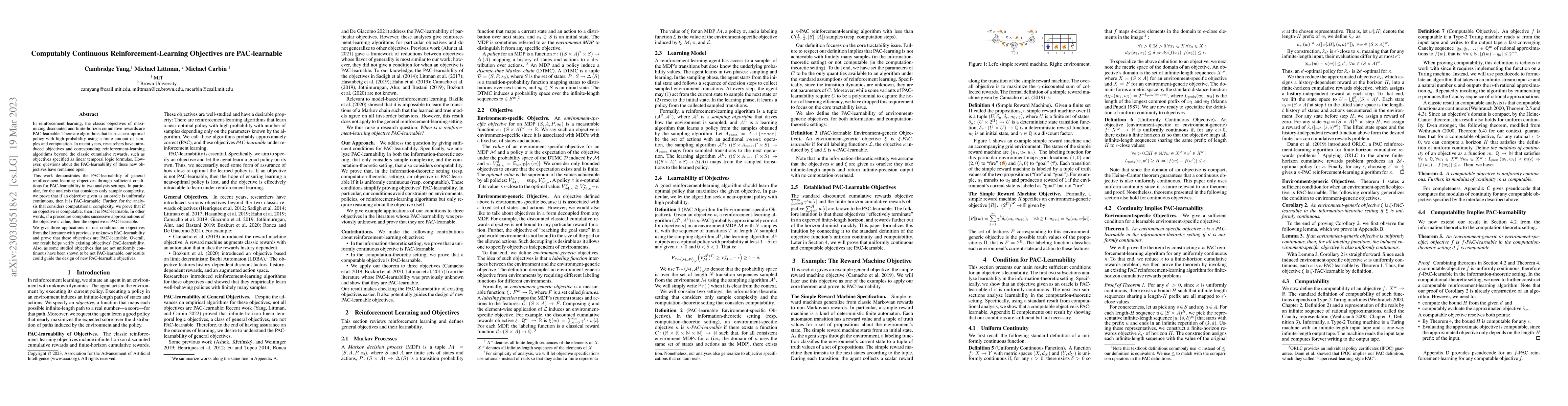 Thumbnail for Computably Continuous Reinforcement-Learning Objectives are
  PAC-learnable