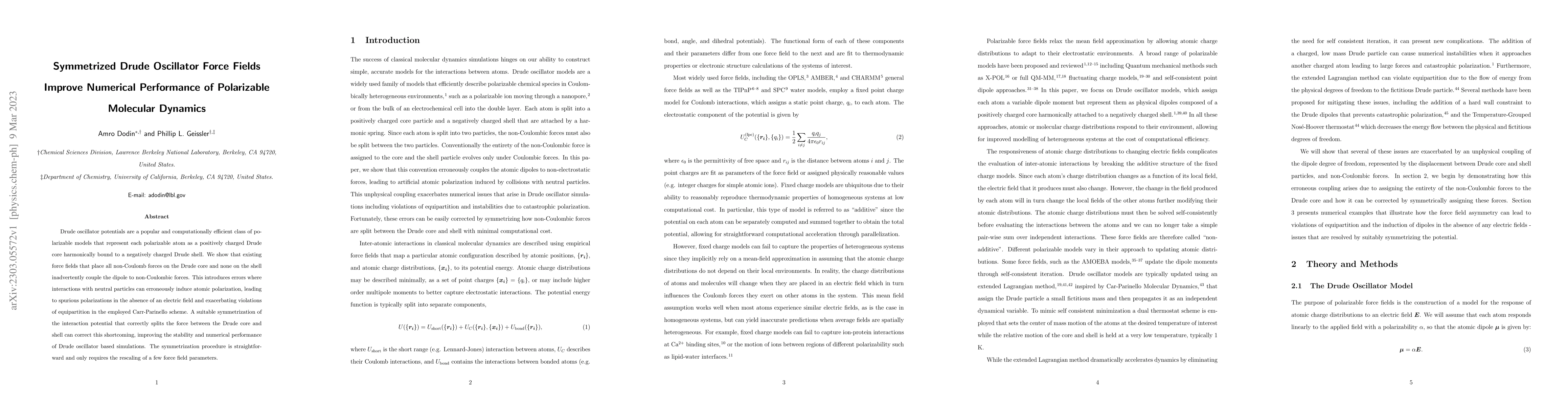 Thumbnail for Symmetrized Drude Oscillator Force Fields Improve Numerical Performance
  of Polarizable Molecular Dynamics