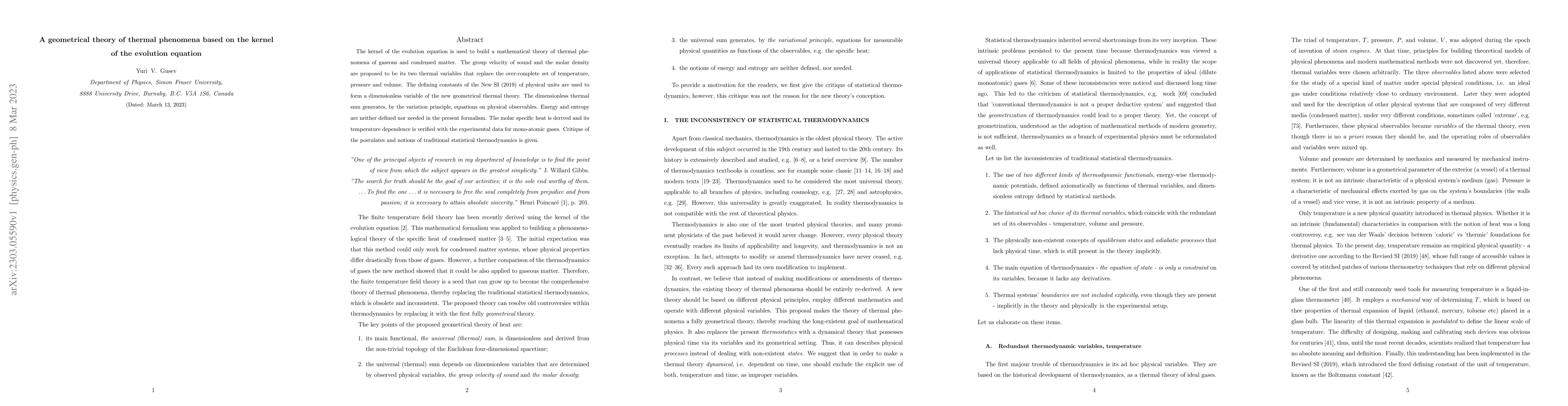 Thumbnail for A geometrical theory of thermal phenomena based on the kernel of the
  evolution equation