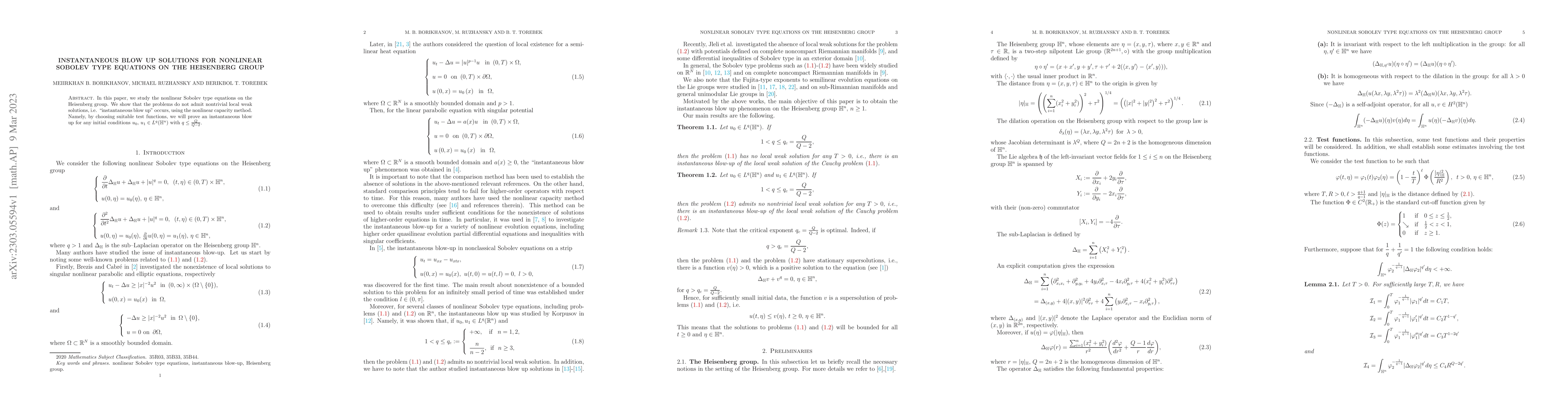 Thumbnail for Instantaneous blow up solutions for nonlinear Sobolev type equations on
  the Heisenberg Group