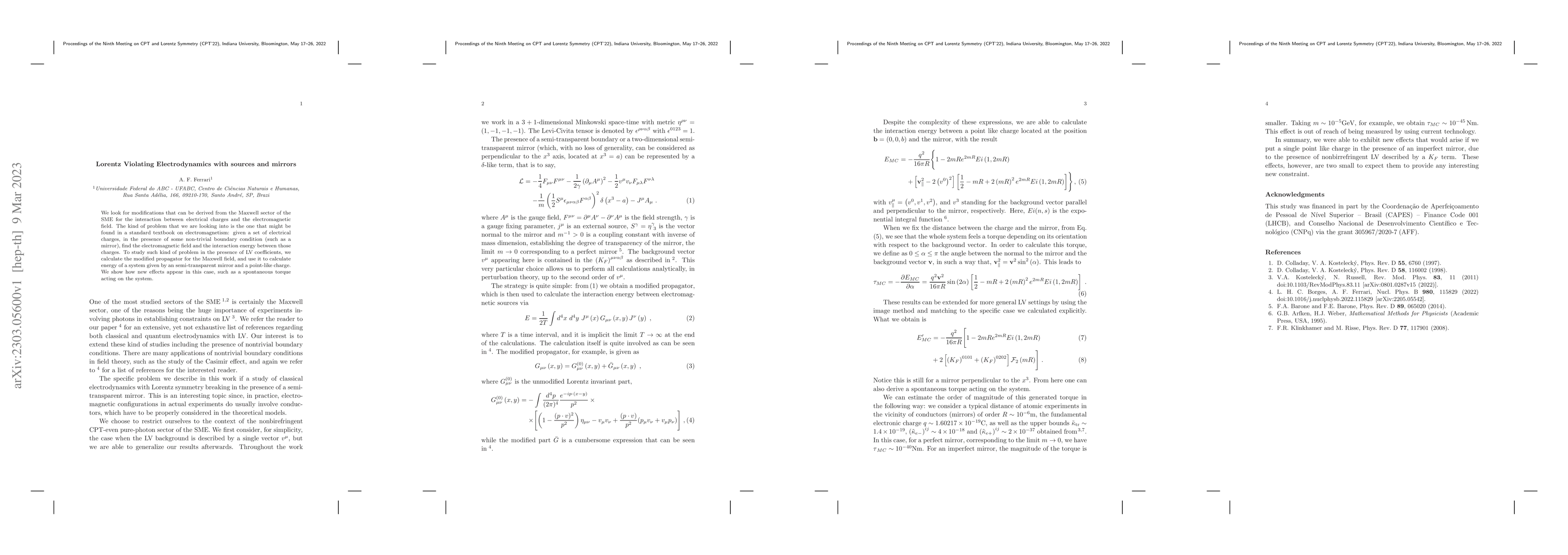 Thumbnail for Lorentz Violating Electrodynamics with sources and mirrors