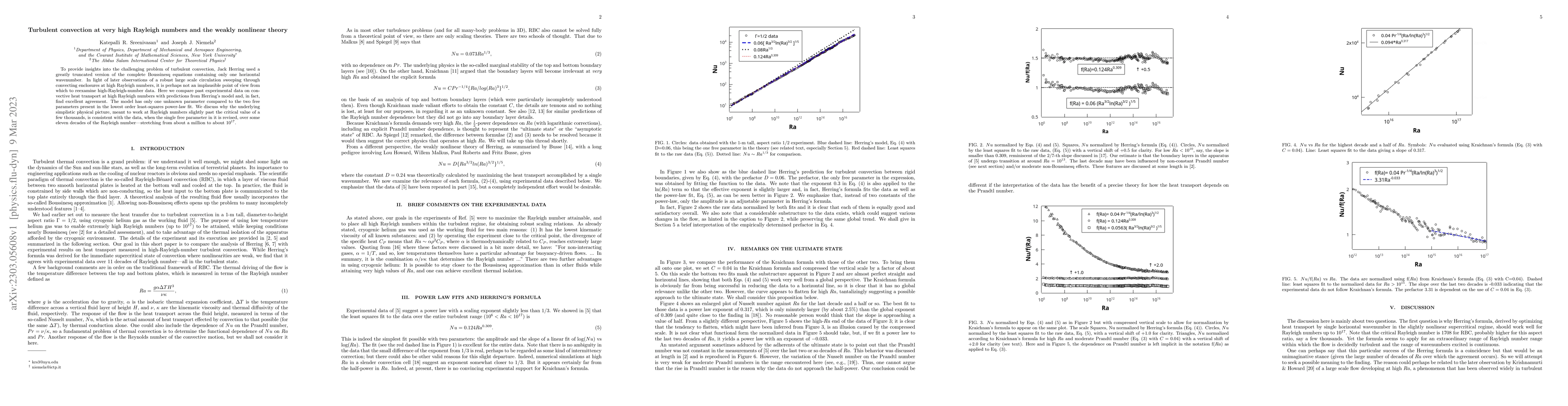 Thumbnail for Turbulent convection at very high Rayleigh numbers and the weakly
  nonlinear theory