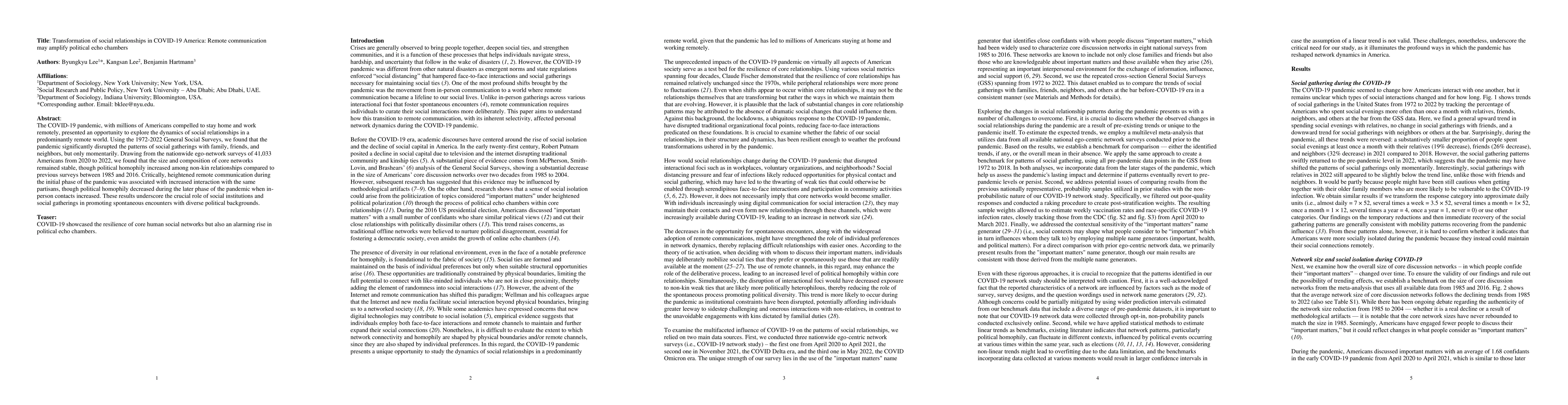 Thumbnail for Transformation of social relationships in COVID-19 America: Remote
  communication may amplify political echo chambers