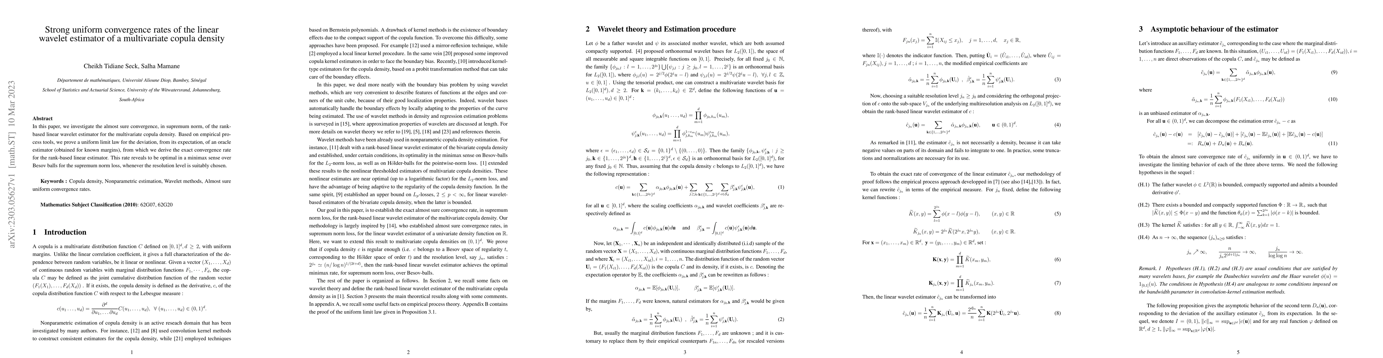 Thumbnail for Strong uniform convergence rates of the linear wavelet estimator of a
  multivariate copula density