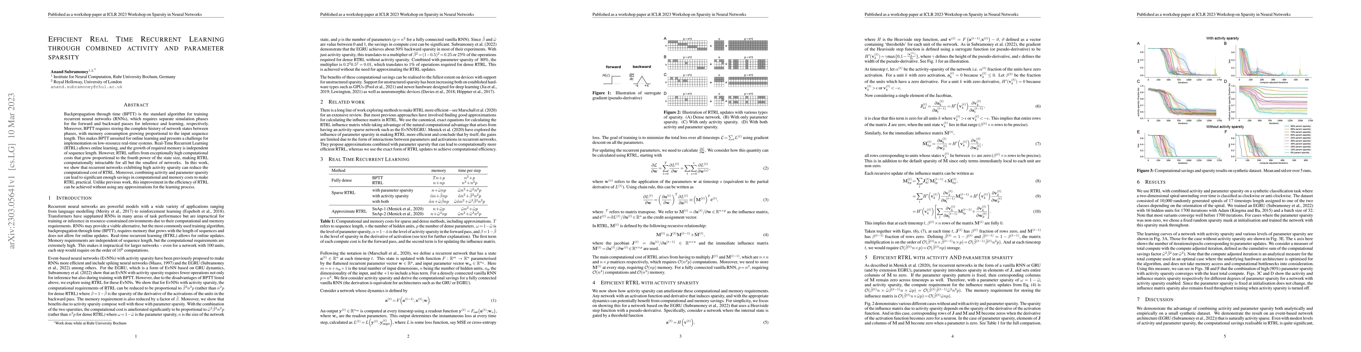 Thumbnail for Efficient Real Time Recurrent Learning through combined activity and
  parameter sparsity
