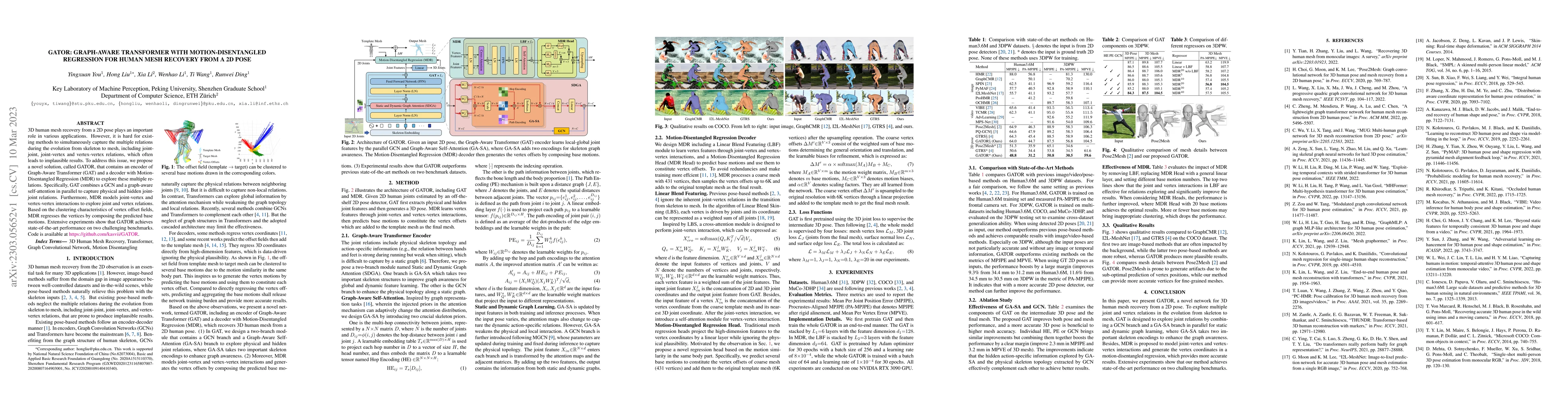 Thumbnail for GATOR: Graph-Aware Transformer with Motion-Disentangled Regression for
  Human Mesh Recovery from a 2D Pose
