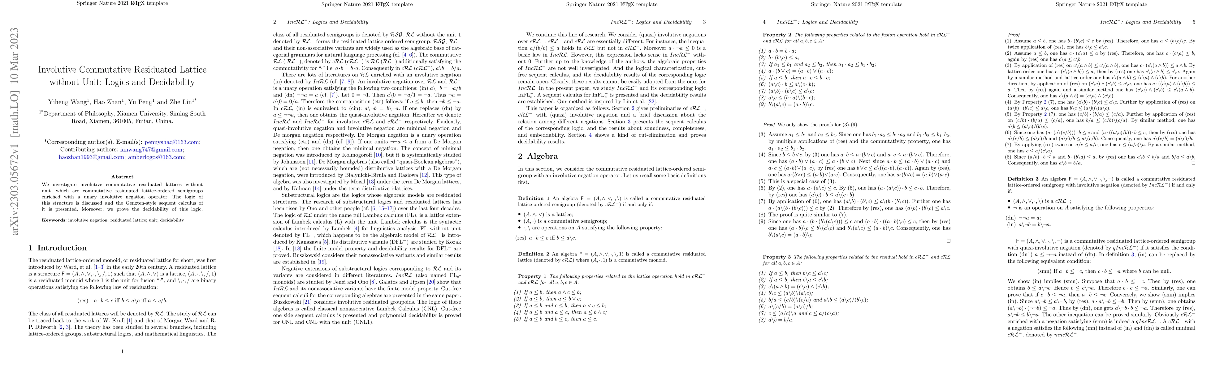 Thumbnail for Involutive Commutative Residuated Lattice without Unit: Logics and
  Decidability