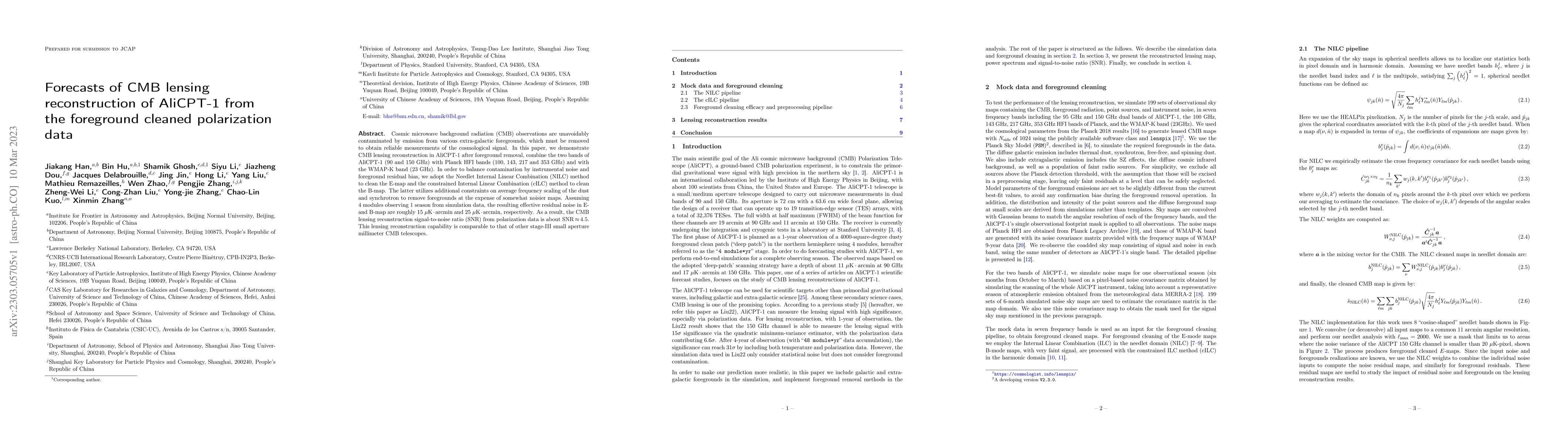 Thumbnail for Forecasts of CMB lensing reconstruction of AliCPT-1 from the foreground
  cleaned polarization data