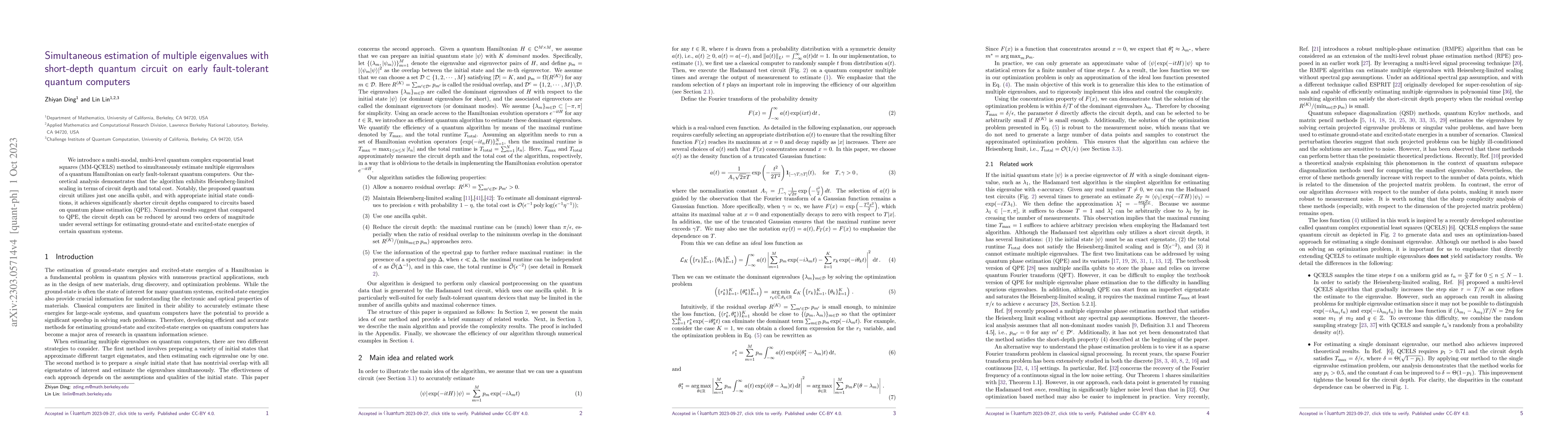 Thumbnail for Simultaneous estimation of multiple eigenvalues with short-depth quantum
  circuit on early fault-tolerant quantum computers