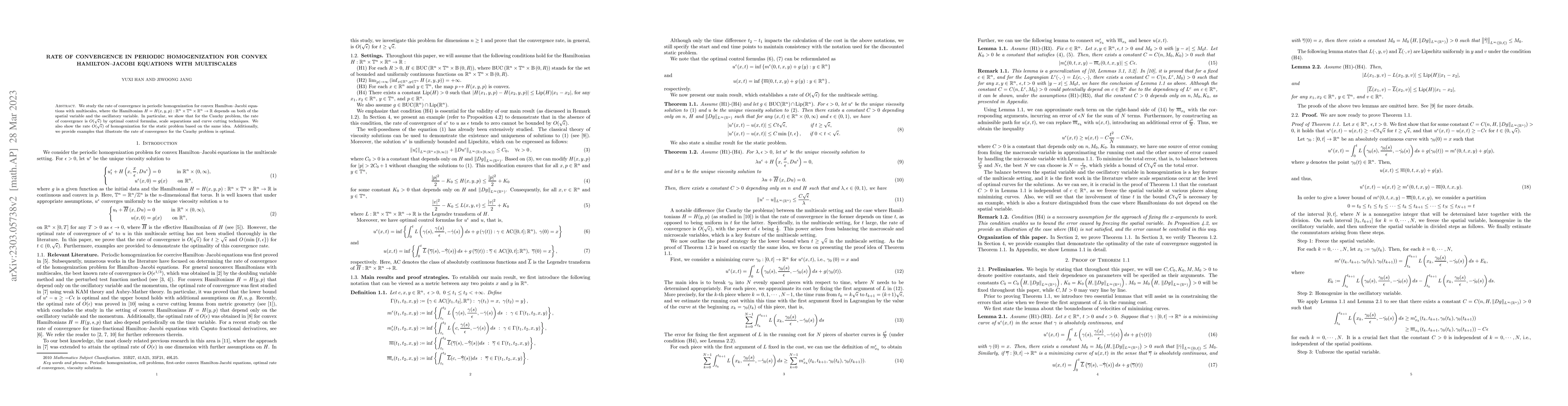 Thumbnail for Rate of Convergence in Periodic Homogenization for Convex
  Hamilton-Jacobi Equations with Multiscales