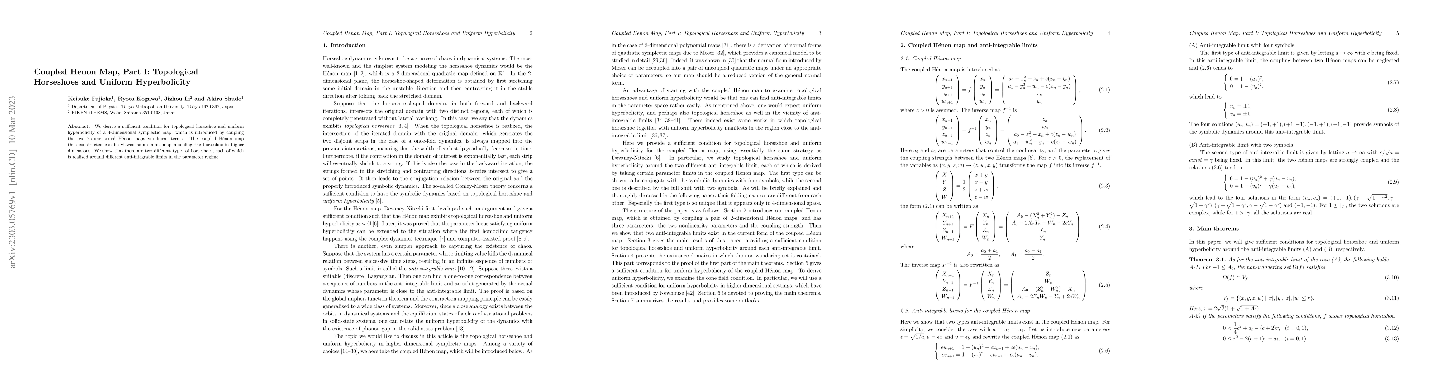 Thumbnail for Coupled H\'enon Map, Part I: Topological Horseshoes and Uniform
  Hyperbolicity