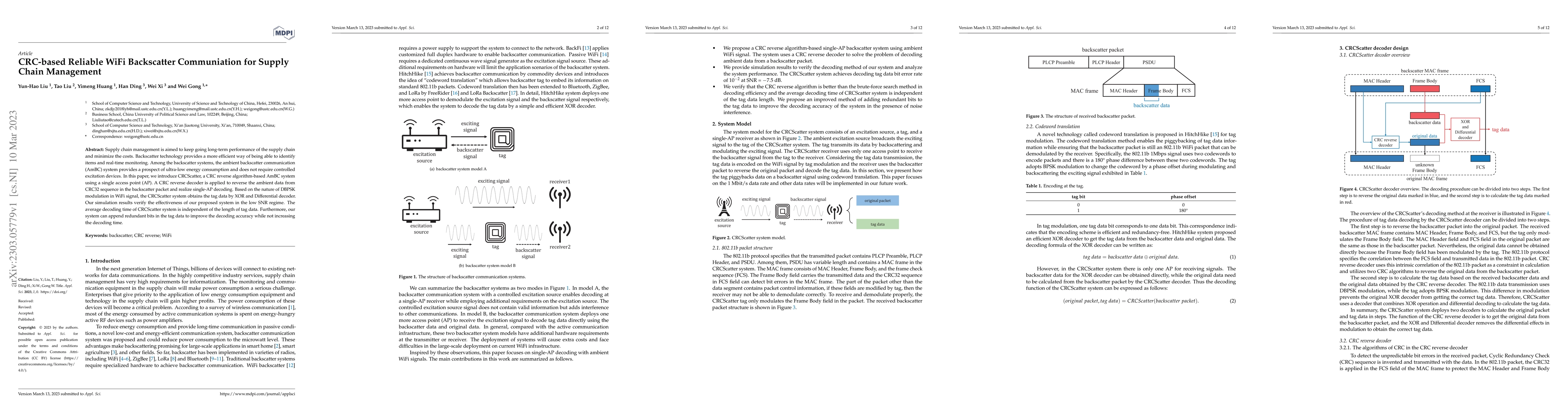 Thumbnail for CRC-based Reliable WiFi Backscatter Communiation for Supply Chain
  Management