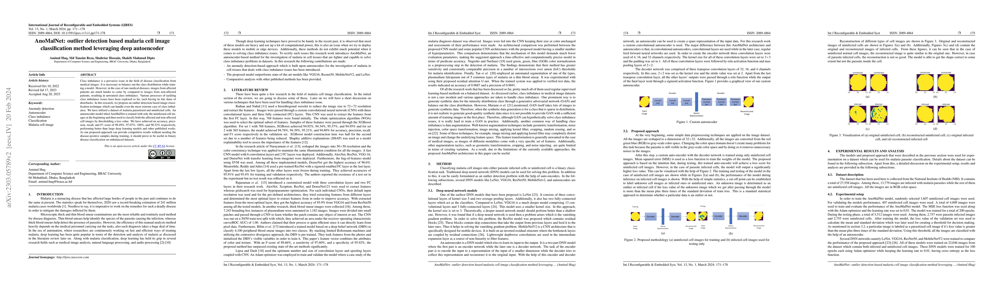 Thumbnail for AnoMalNet: Outlier Detection based Malaria Cell Image Classification
  Method Leveraging Deep Autoencoder