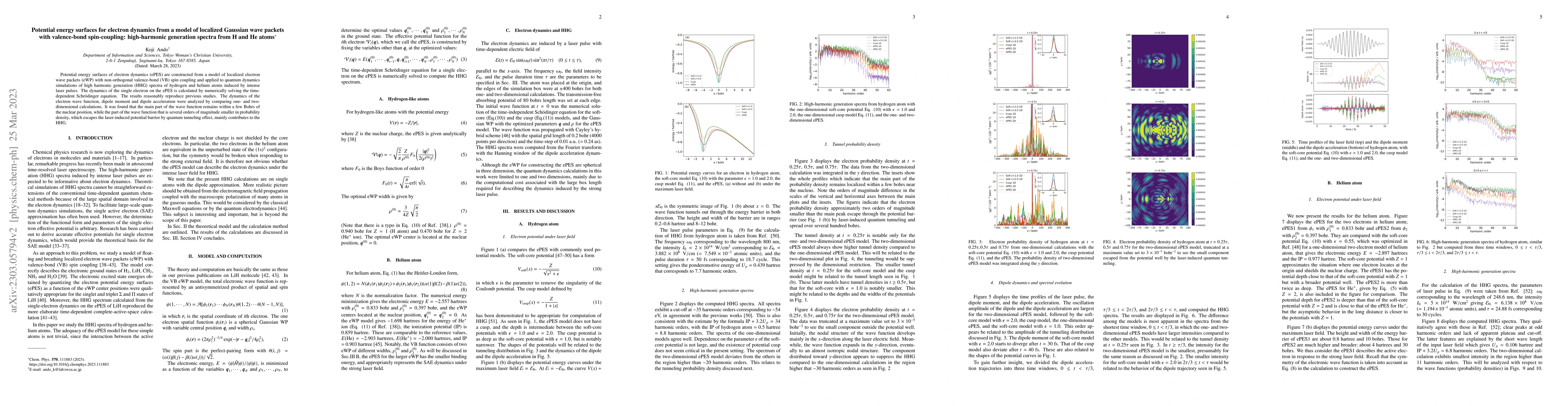 Thumbnail for Potential energy surfaces for electron dynamics from a model of
  localized Gaussian wave packets with valence-bond spin-coupling:
  high-harmonic generation spectra from H and He atoms