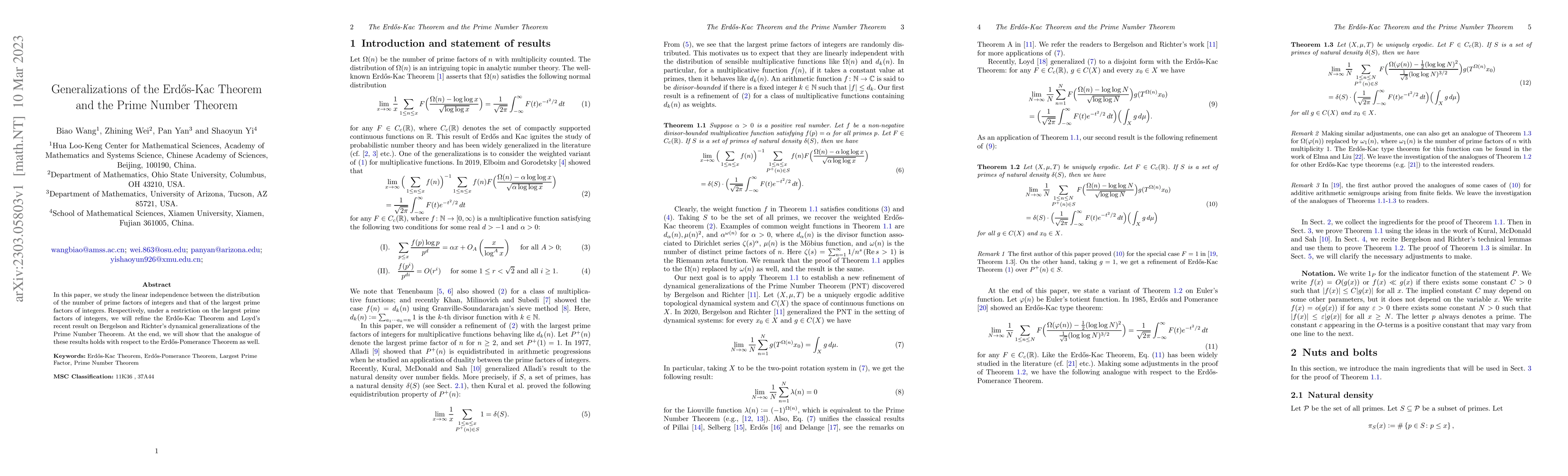 Thumbnail for Generalizations of the Erd\H{o}s-Kac Theorem and the Prime Number
  Theorem