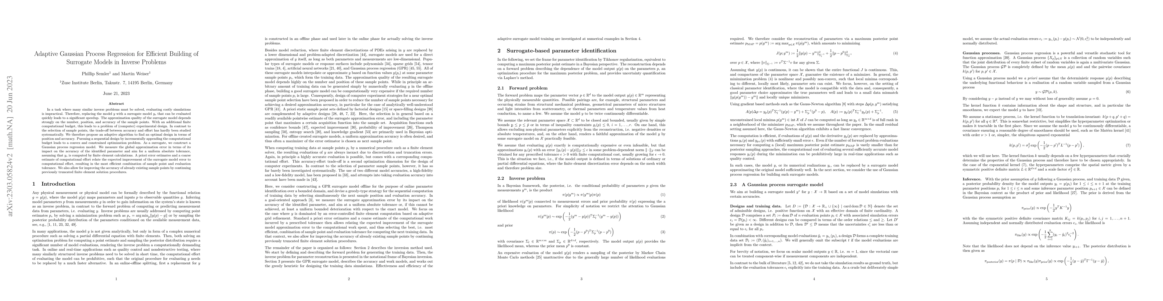 Thumbnail for Adaptive Gaussian Process Regression for Efficient Building of Surrogate
  Models in Inverse Problems