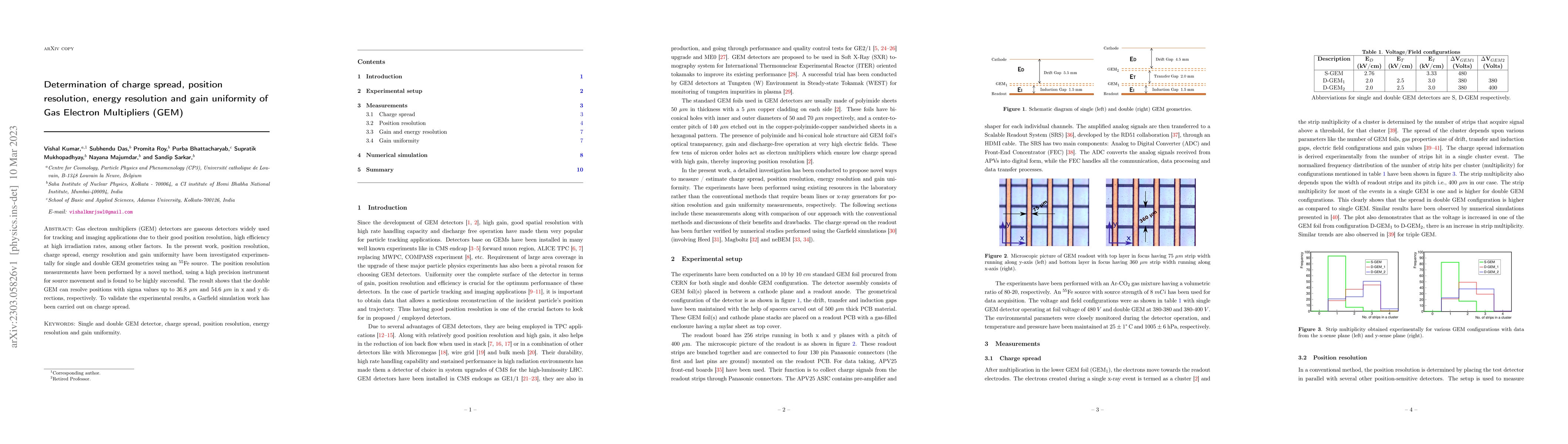 Thumbnail for Determination of charge spread, position resolution, energy resolution
  and gain uniformity of Gas Electron Multipliers (GEM)