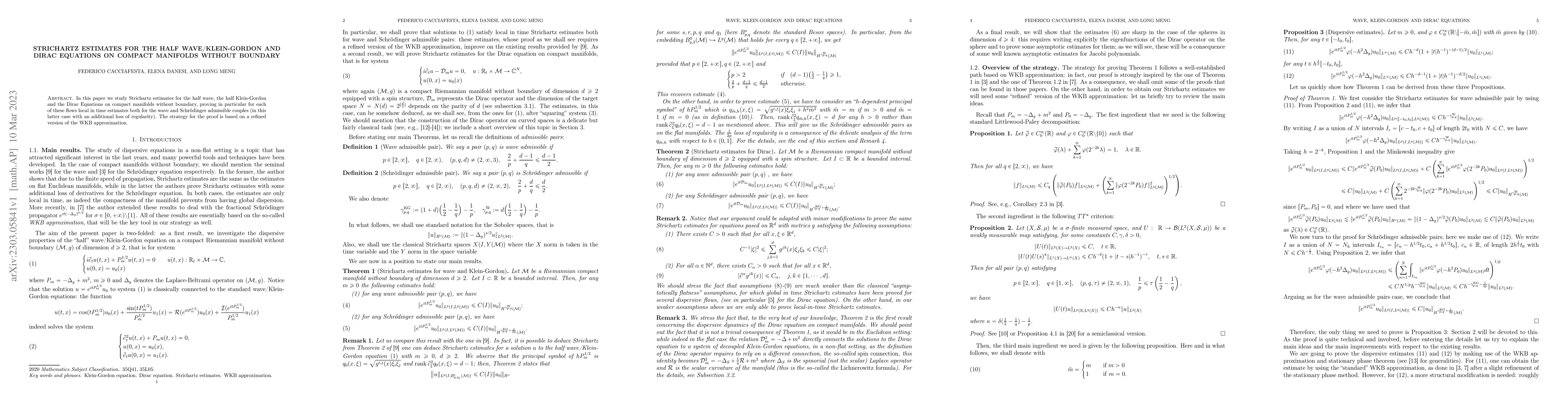 Thumbnail for Strichartz estimates for the half wave/Klein-Gordon and Dirac Equations
  on compact manifolds without boundary