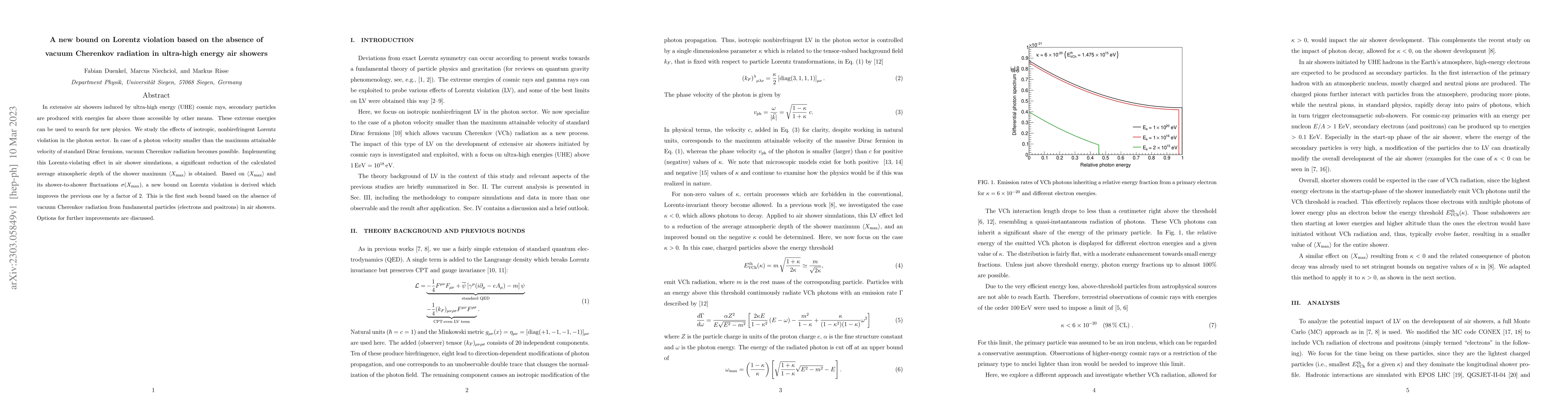 Thumbnail for A new bound on Lorentz violation based on the absence of vacuum
  Cherenkov radiation in ultra-high energy air showers