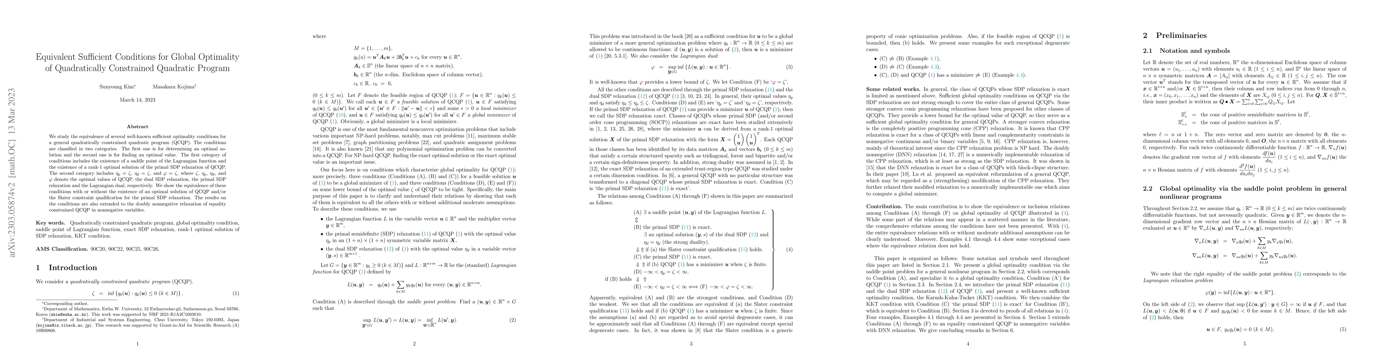 Thumbnail for Equivalent Sufficient Conditions for Global Optimality of Quadratically
  Constrained Quadratic Program