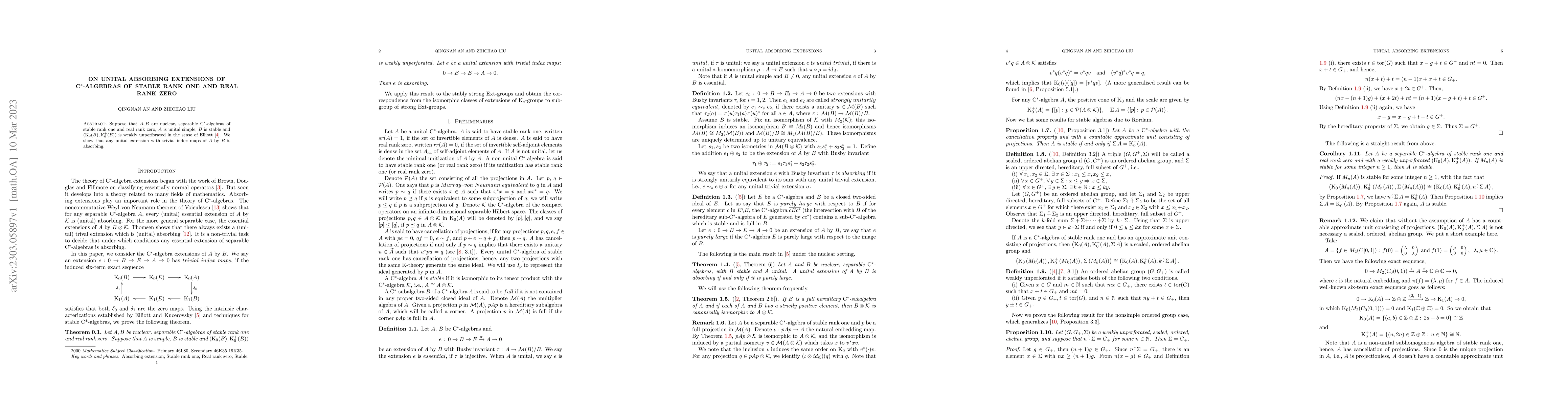 Thumbnail for On unital absorbing extensions of C$^*$-algebras of stable rank one and
  real rank zero