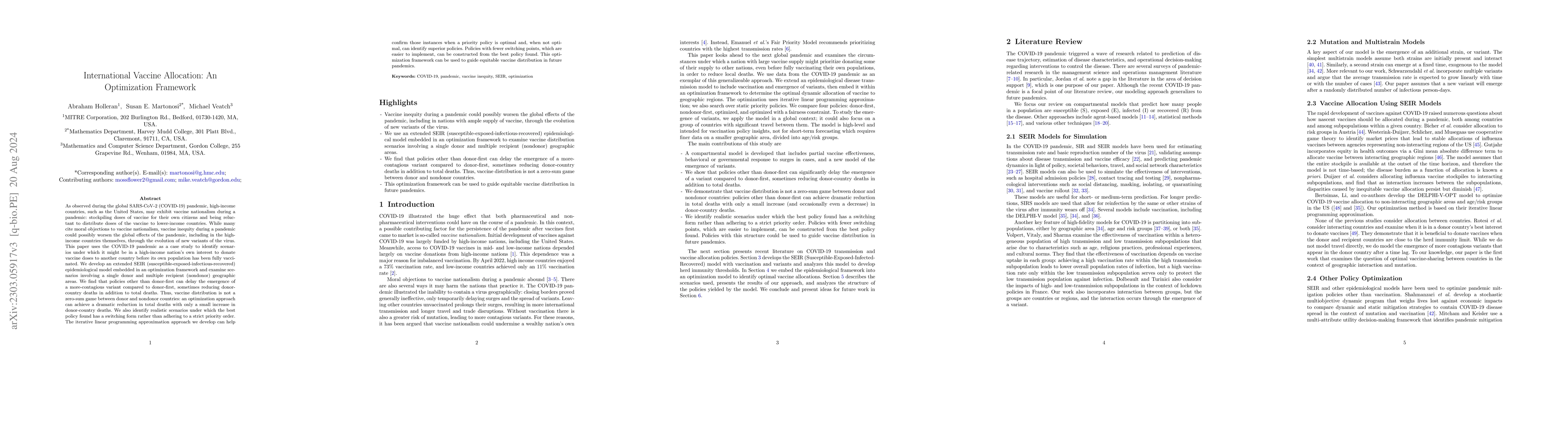 Thumbnail for International Vaccine Allocation: An Optimization Framework