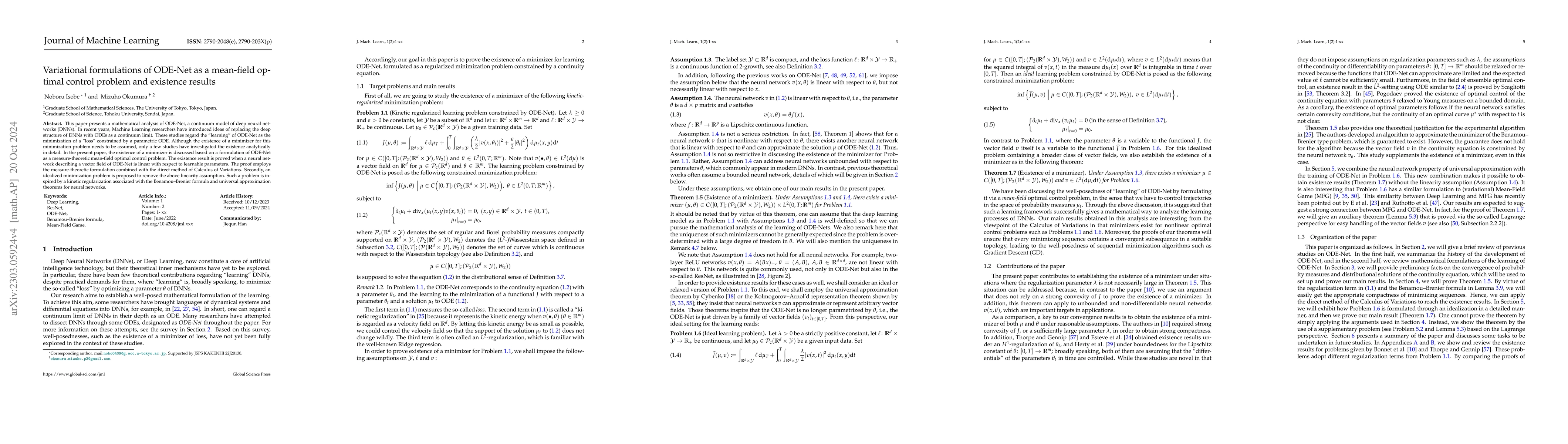 Thumbnail for Variational formulations of ODE-Net as a mean-field optimal control
  problem and existence results