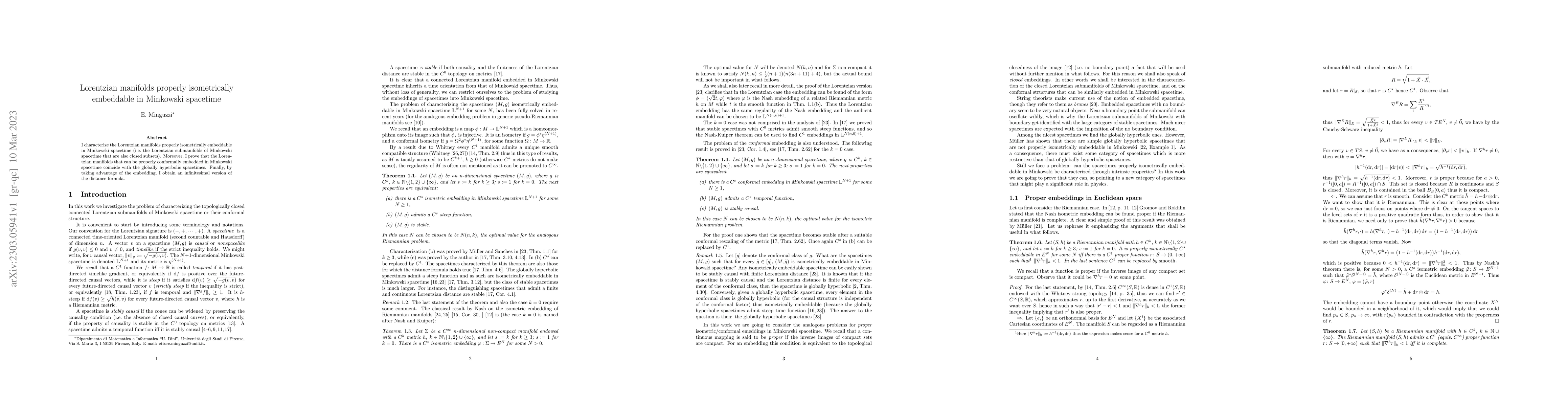 Thumbnail for Lorentzian manifolds properly isometrically embeddable in Minkowski
  spacetime