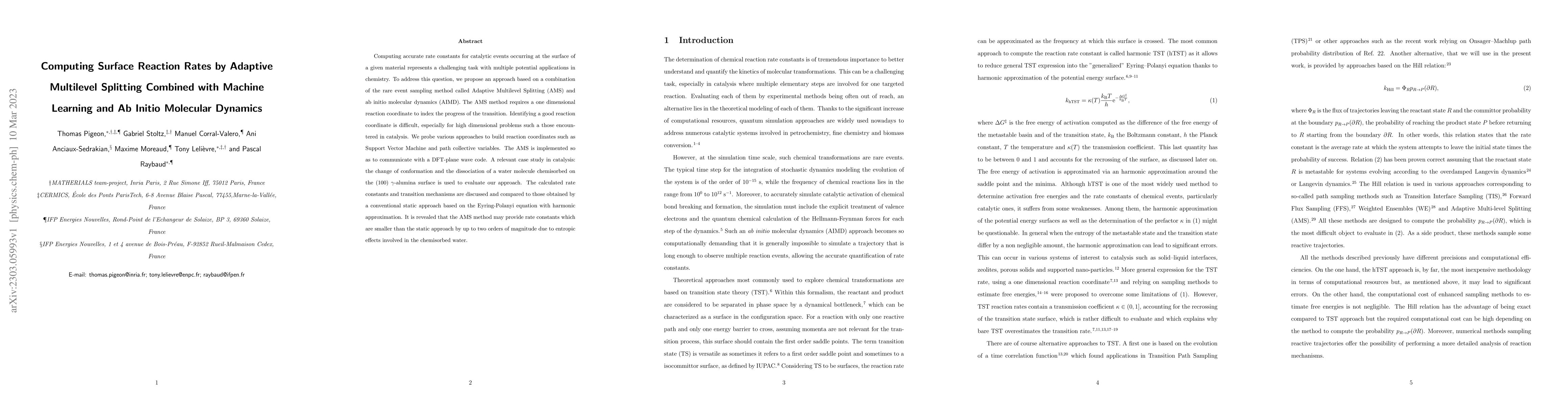 Thumbnail for Computing Surface Reaction Rates by Adaptive Multilevel Splitting
  Combined with Machine Learning and Ab Initio Molecular Dynamics