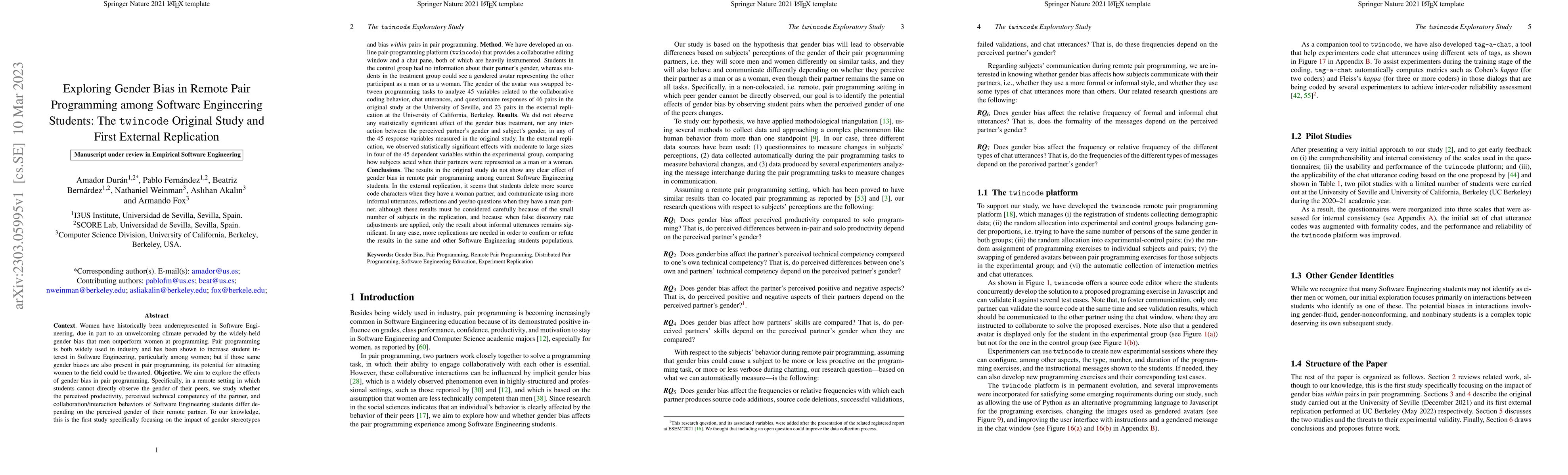 Thumbnail for Exploring Gender Bias in Remote Pair Programming among Software
  Engineering Students: The twincode Original Study and First External
  Replication