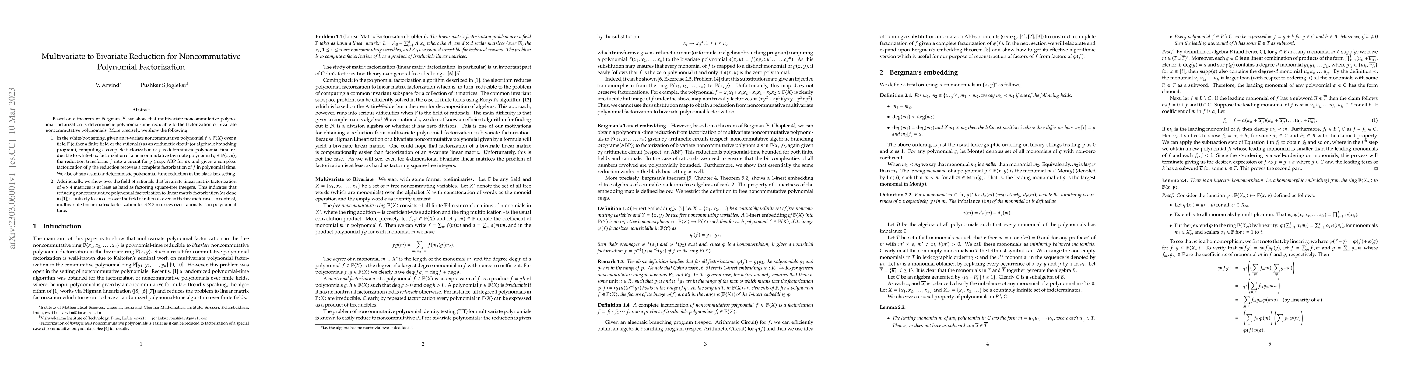 Thumbnail for Multivariate to Bivariate Reduction for Noncommutative Polynomial
  Factorization