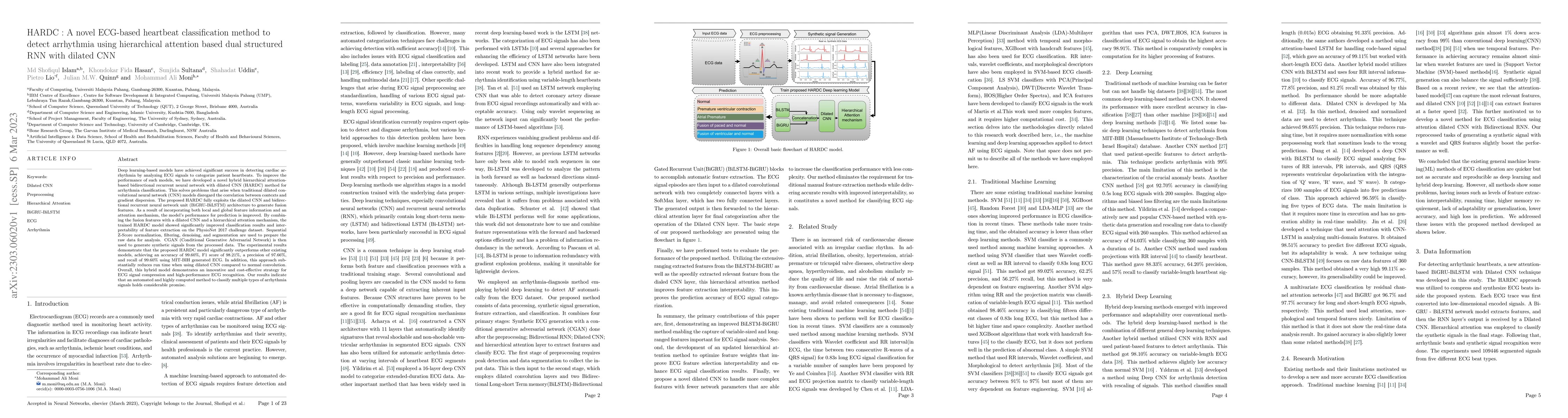 Thumbnail for HARDC : A novel ECG-based heartbeat classification method to detect
  arrhythmia using hierarchical attention based dual structured RNN with
  dilated CNN