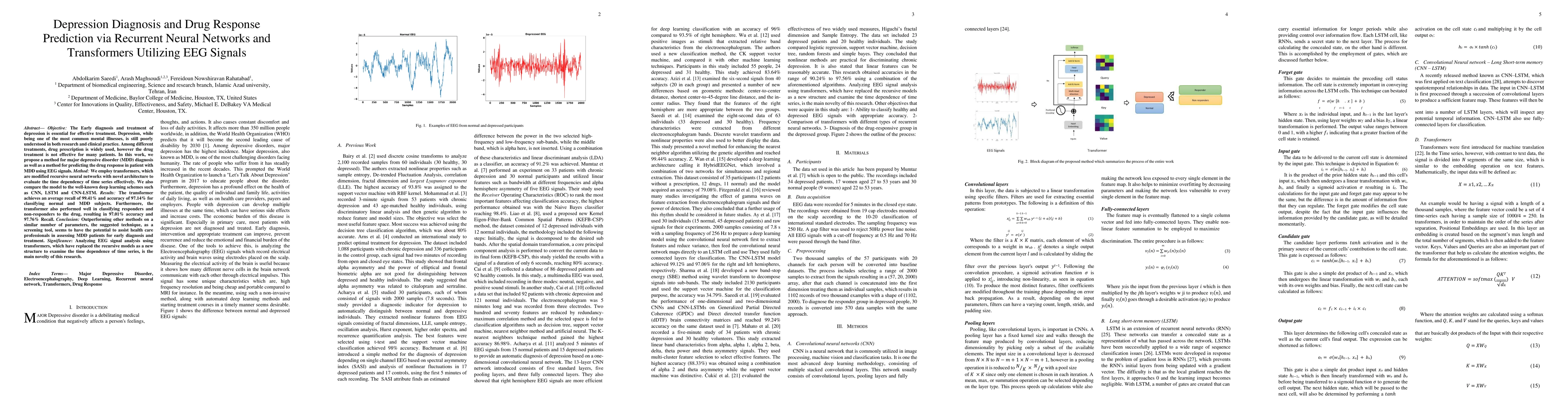 Thumbnail for Depression Diagnosis and Drug Response Prediction via Recurrent Neural
  Networks and Transformers Utilizing EEG Signals