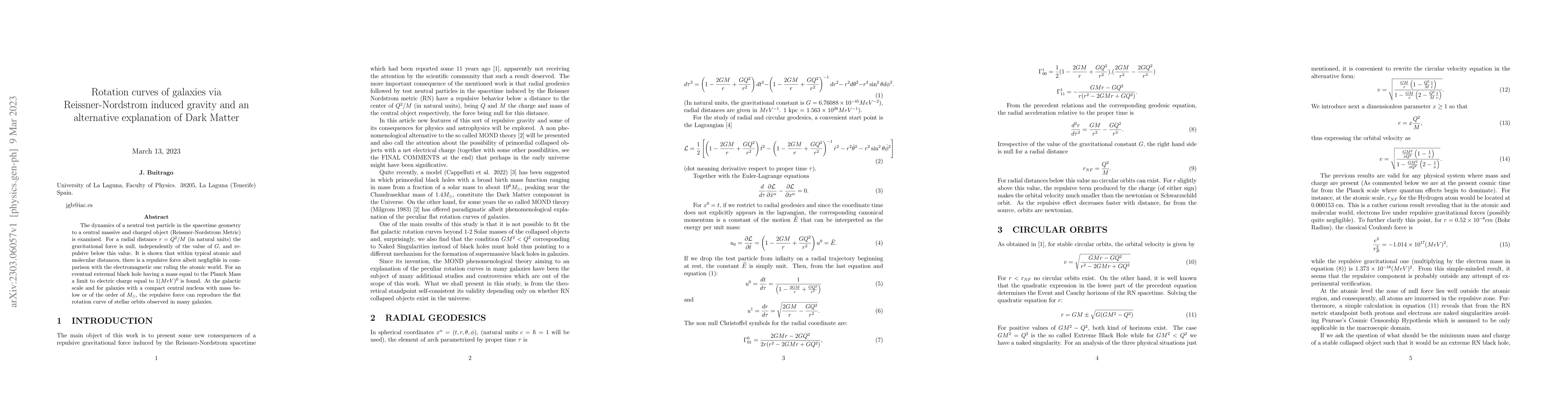 Thumbnail for Rotation curves of galaxies via Reissner-Nordstrom induced gravity and
  an alternative explanation of Dark Matter